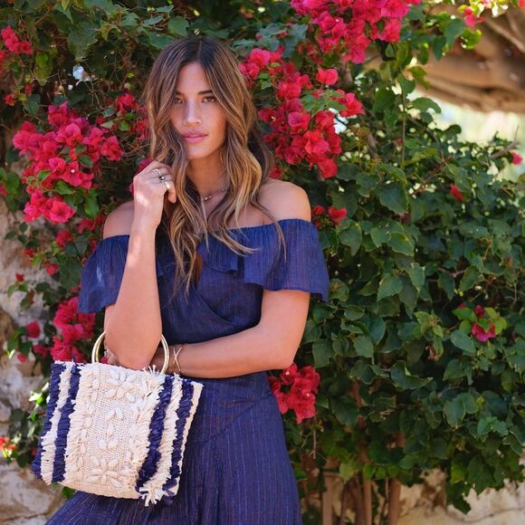 Cleobella Rocky Barnes Raffia Navy, Tan & Gold Handle Handbag